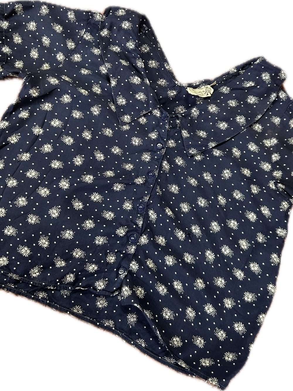 Vintage Navy Blue Floral Button-Front Blouse
